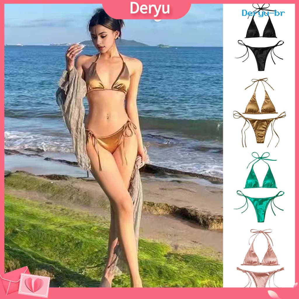 [deryu] 2 unidades/conjunto biquíni feminino de verão cor sólida arco alça de ombro fina halter halter HB2G