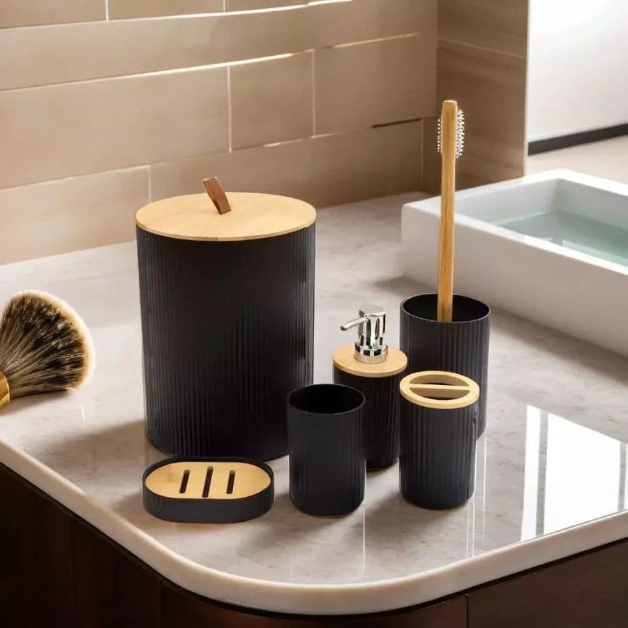 Conjunto 6 Peças Pra Banheiro PRETO Bambu Saboneteira Conjuto Lavabo Lixo De Banheiro Acessorios