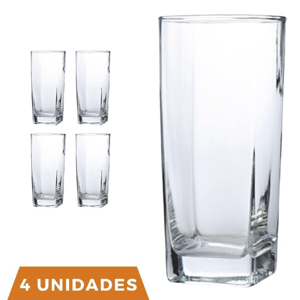 Conj 4 Copos Vidro Bali Quadrado 320ML Transparente Água Suco