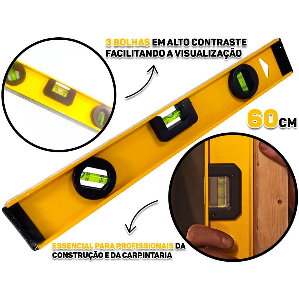 Nível Profissional Com Base Magnética 60cm 24 Polegadas Medição Nivelamento 3 Bolhas Fertak