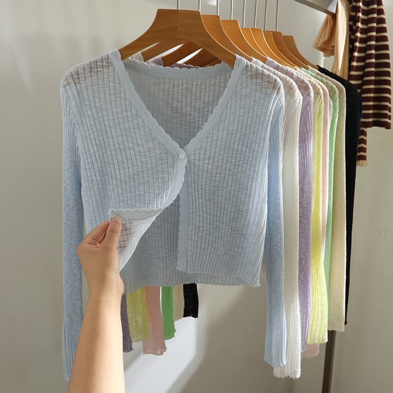 K Tricotado Cardigan Manga Longa Exterior Protetor Solar Externo Curto Mulheres