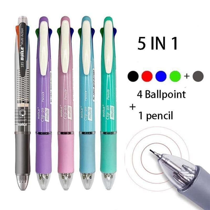 Canetas Esferográficas Multicoloridas 5 Em 1 Com 4 Cores 1 Lápis De Chumbo Automático Material De Escritório Escolar