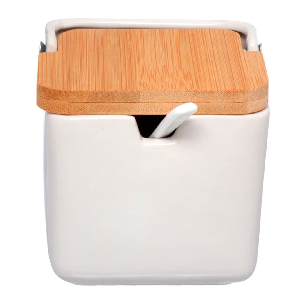 Porta Saleiro Açucareiro de Porcelana Com Colher e Tampa Madeira