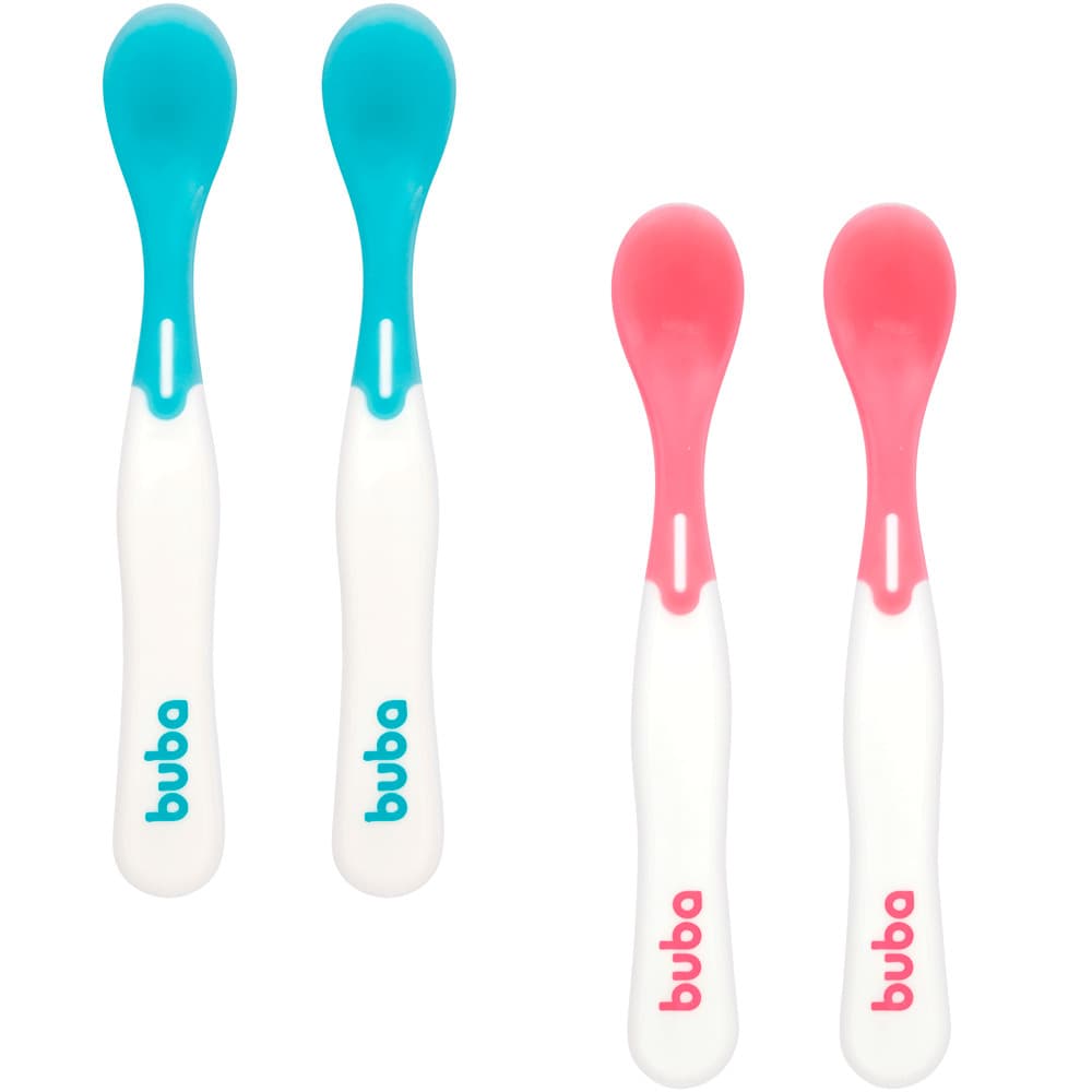 Kit 2 Colher Termossensível Buba Infatil Térmica Muda de Cor Rosa Azul Introdução Alimentar