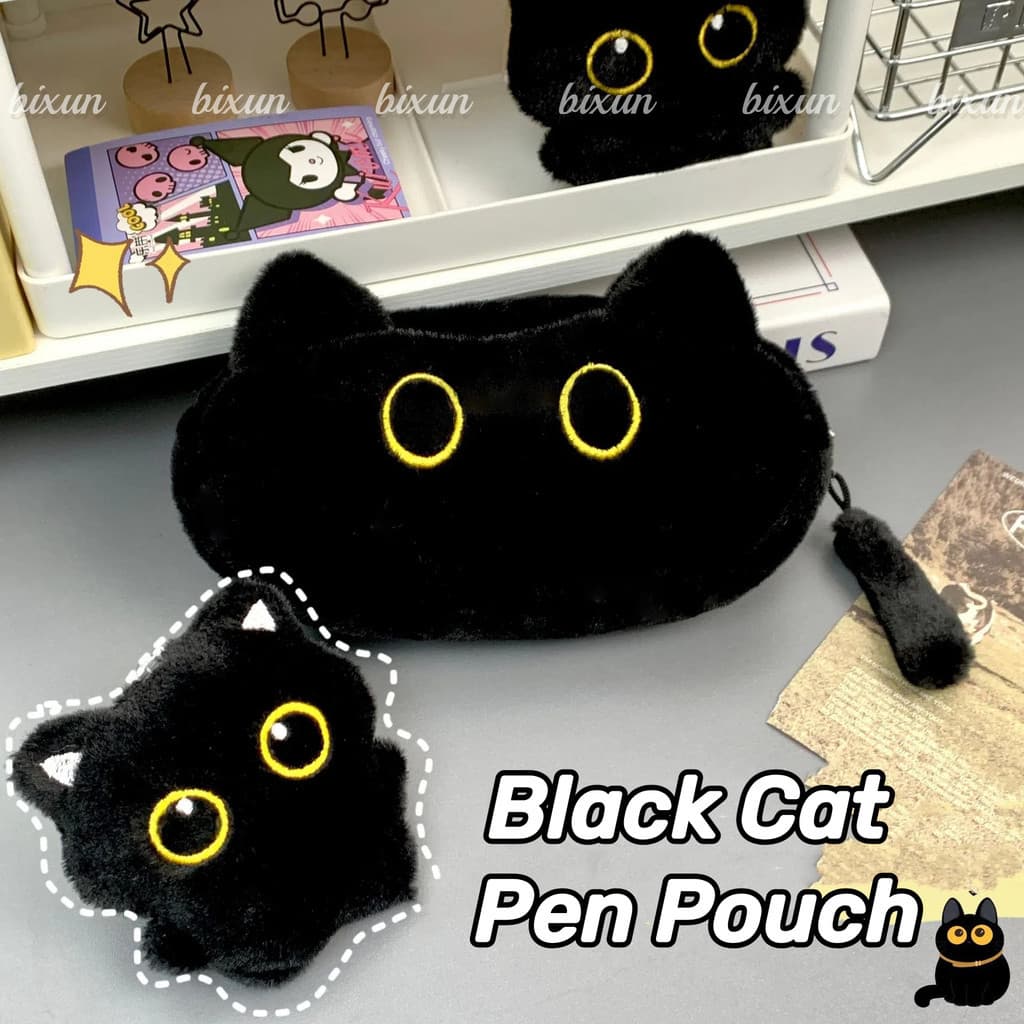 Bonito Briquetes Gato Preto Caneta Saco De Pelúcia Gatinho Grande Capacidade Fortuna Lápis Caso Estudante Armazenamento
