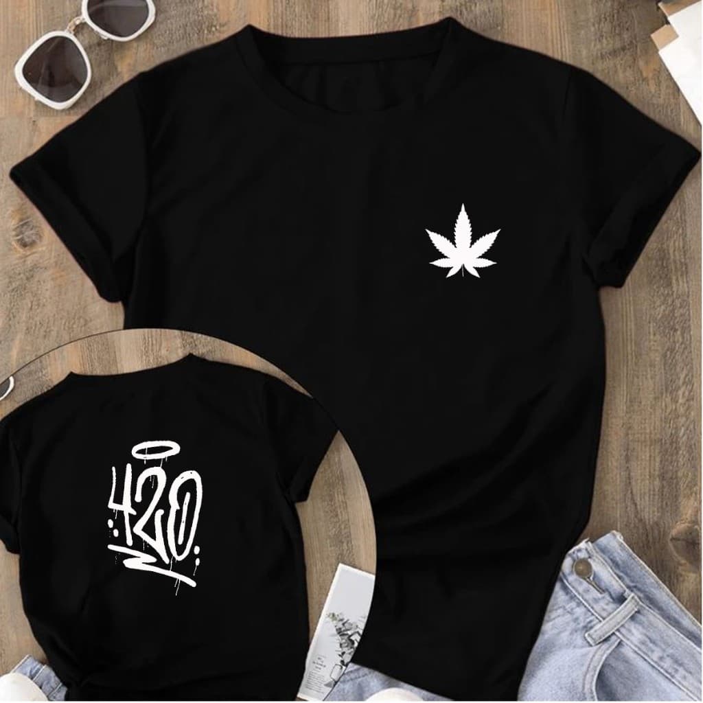 Camisetão Feminino Estampado Frente e Verso Camiseta Quatro e Vinte Folha da Maconha Várias Cores 100% Algodão