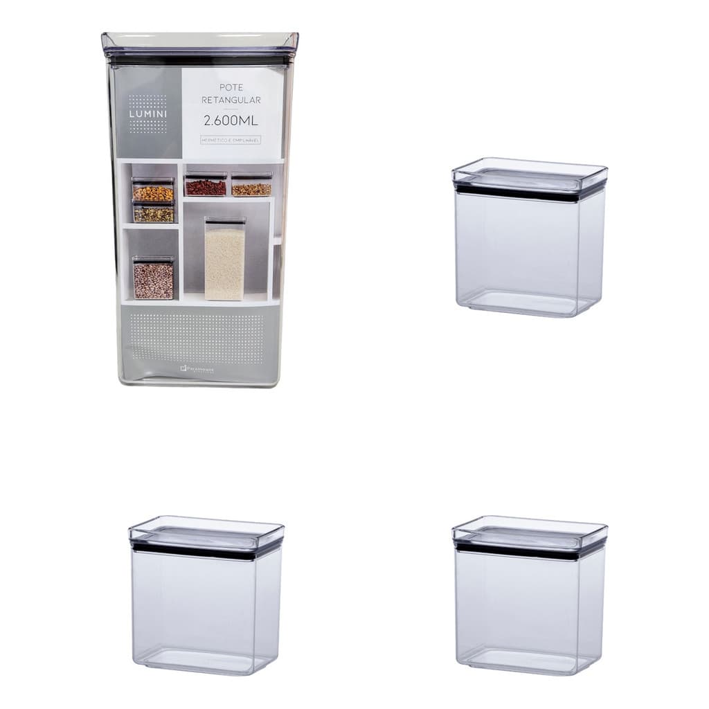 Kit 4 Potes Herméticos Paramount Transparente 1x 2600ml 3x 1300ml Empilhável Organiza Armazena Fácil