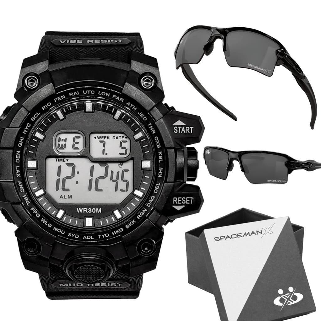 Oculos proteção uv + relogio digital masculino prova dagua alarme resistente presente caixa acetato