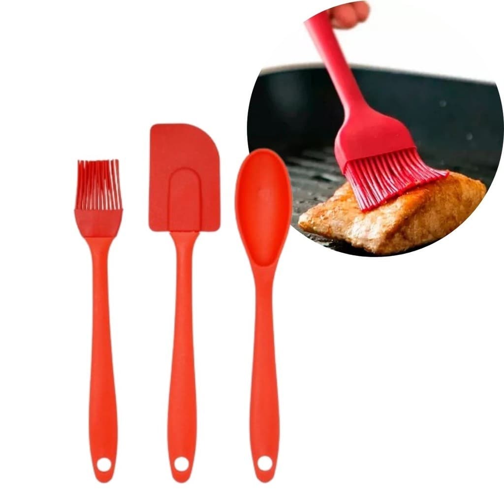 Kit Culinário 3 Peças Espátula Pincel Colher Silicone Western