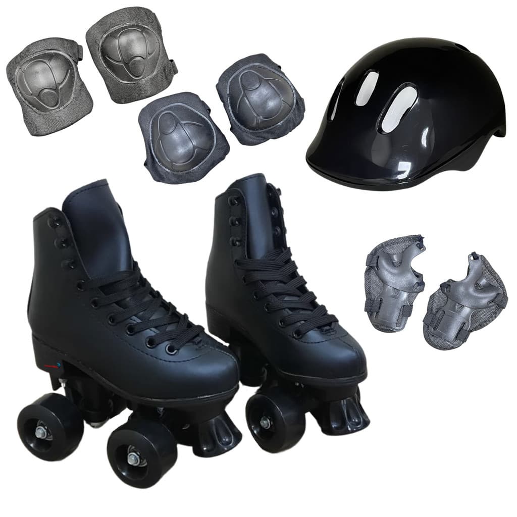 Patins 4 Rodas Roller Classico C/ Kit Protecao Preto 32/33