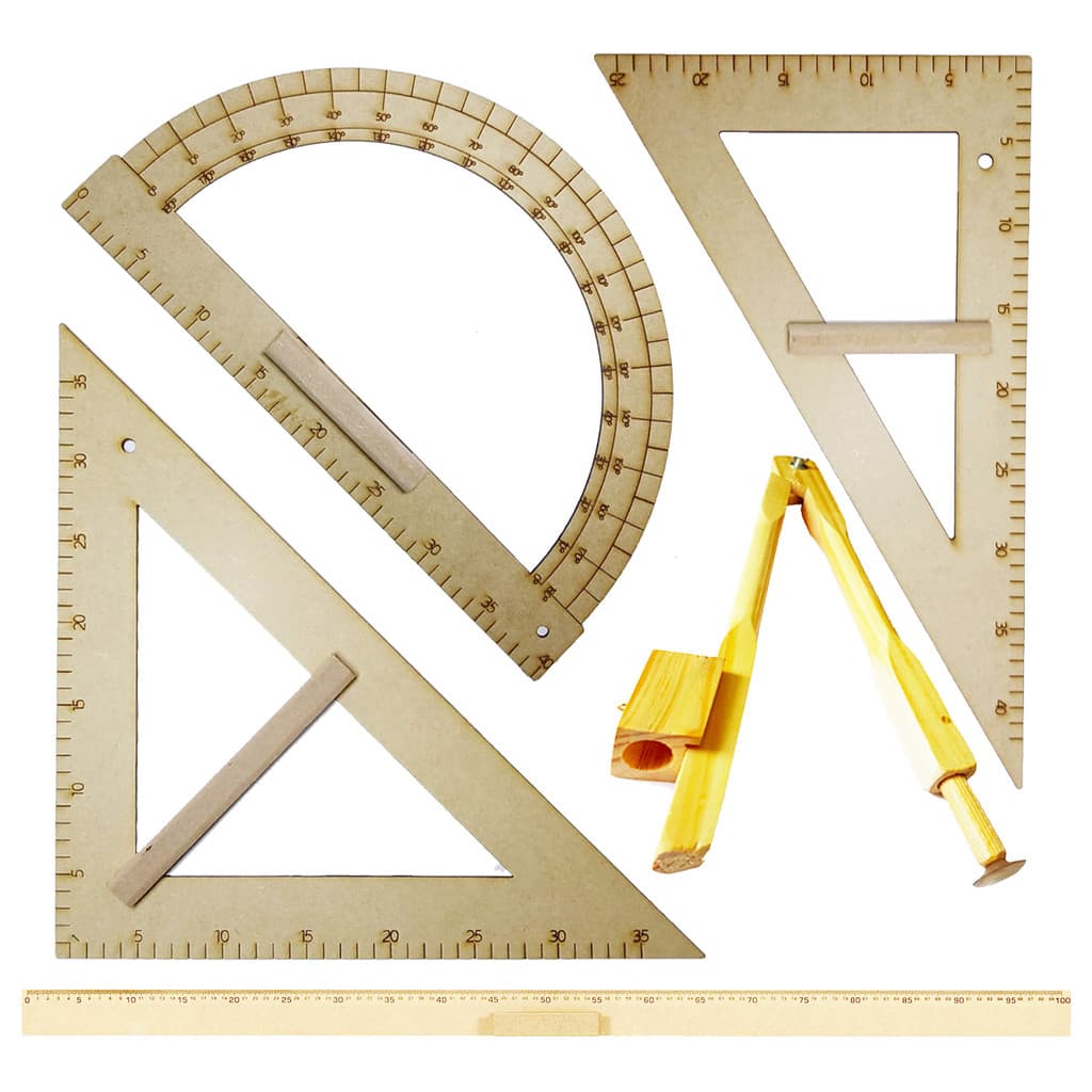Kit Geométrico Prof. Mdf  Régua 1 M Compasso P/ Quadro Branco Esquadro 60°  Esquadro 45° e Transferidor 180° Souza ou SB