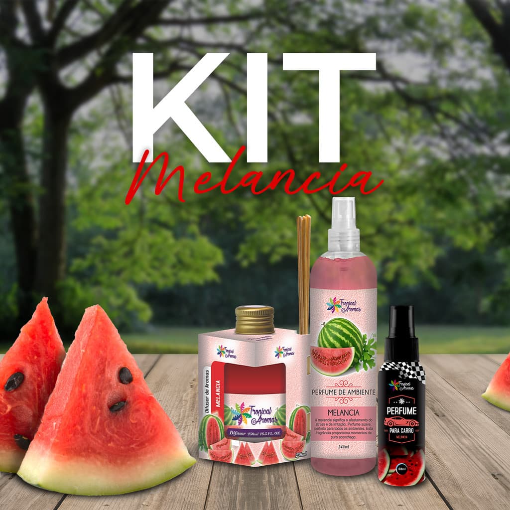 Kit Tropical Difusor Ambiente Spray Aromatico e Perfume Automotivo Aromas Fragrâncias Melancia