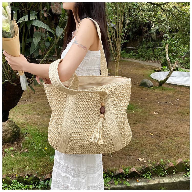 Bolsa de praia de palha IELGY Bolsa de tecido de verão com bolsa de borla