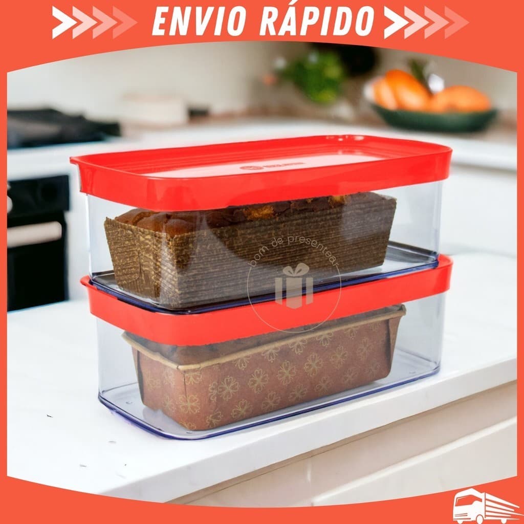 Kit 2 Potes Porta Pão Bolo Biscoito Bolachas Acrílico Hermético Porta Alimentos Tampa Vermelho
