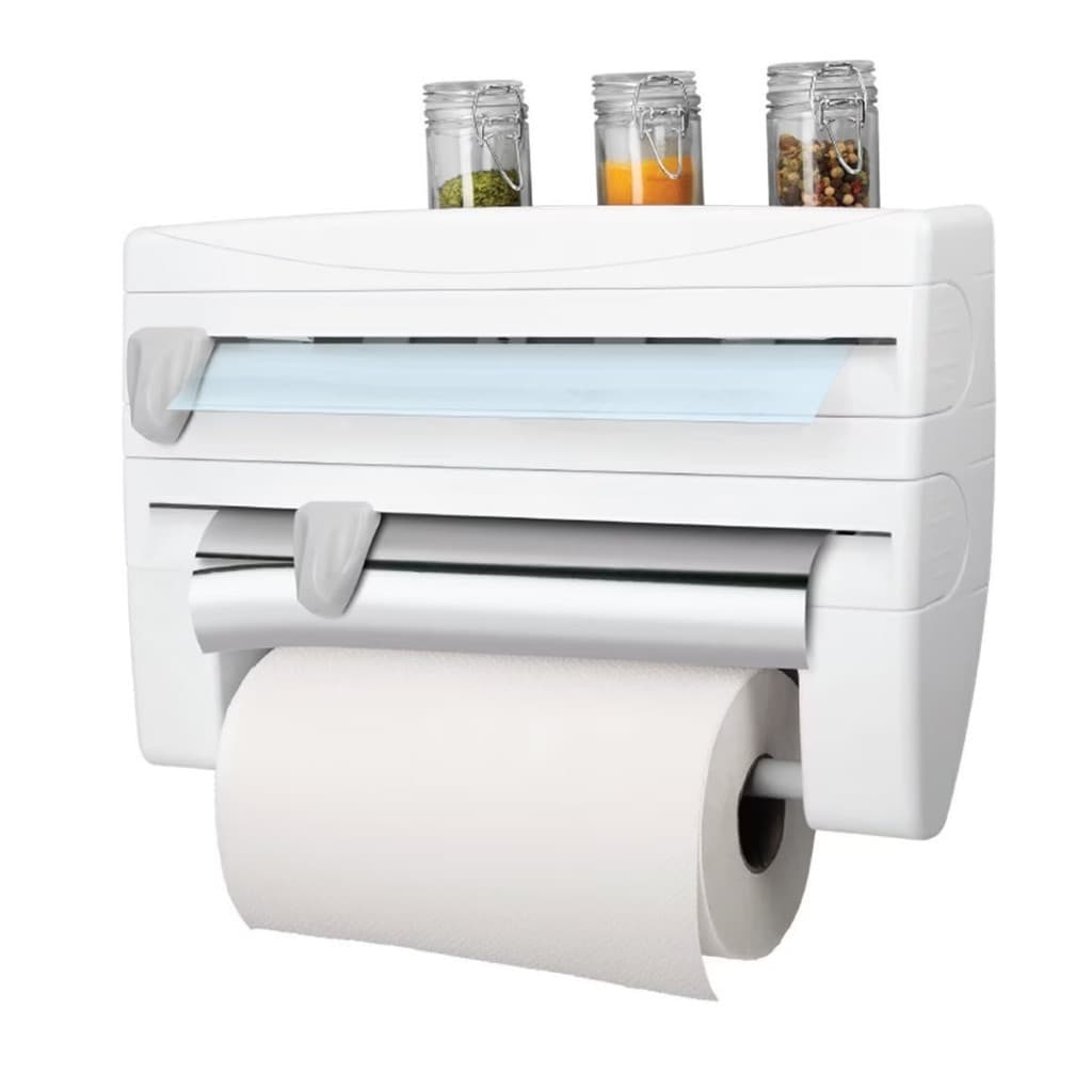 Suporte Porta Rolo Toalha Alumínio Filme Papel Cozinha 4 em 1  Organizador de Parede para Cozinha com prateleira de Condimentos e Temperos