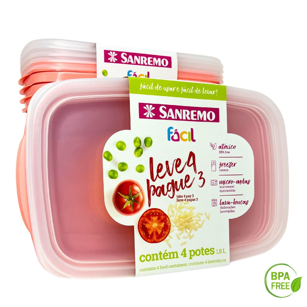 Kit 4 Potes Grandes Sanremo 1,8L Organizador de Frutas Geladeira Cozinha Hermético