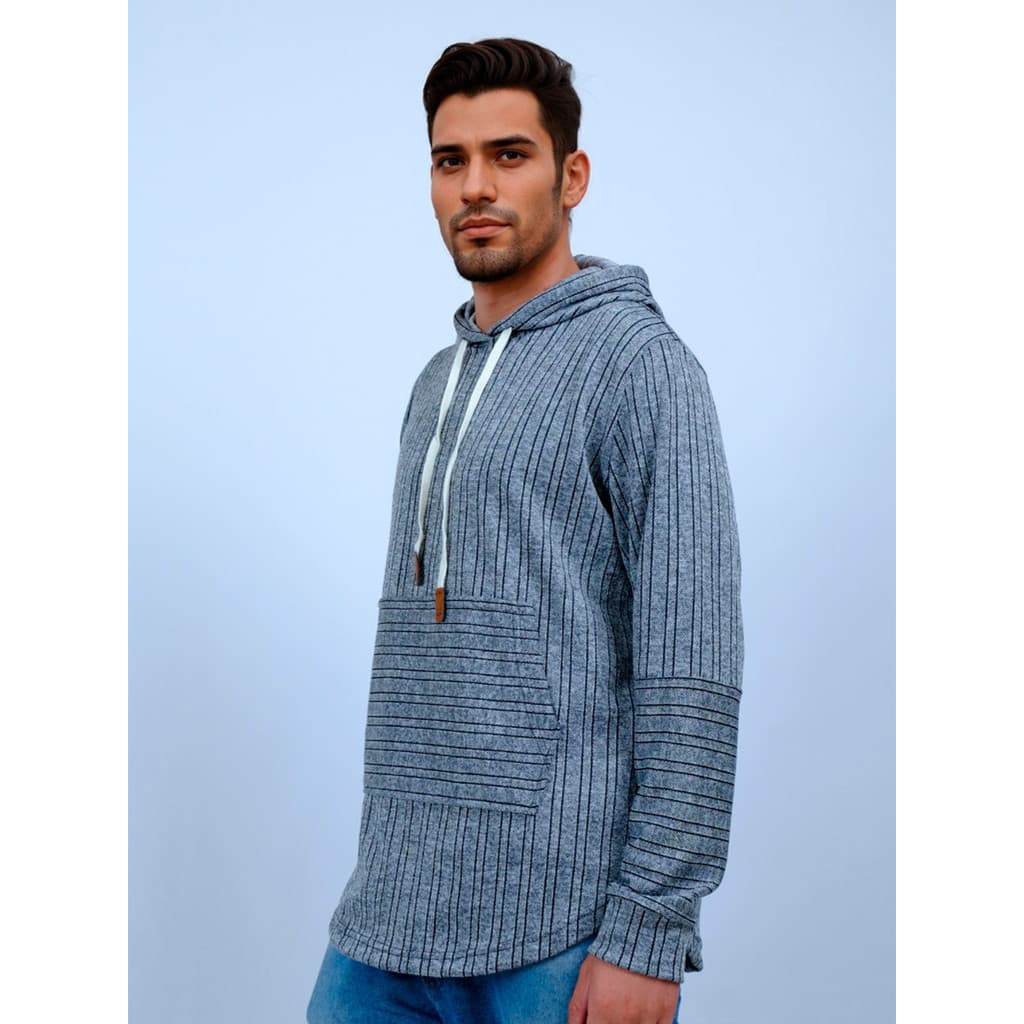 Camiseta Masculina Manga Longa em Meia Malha Listrada Com Capuz e Bolso Canguru