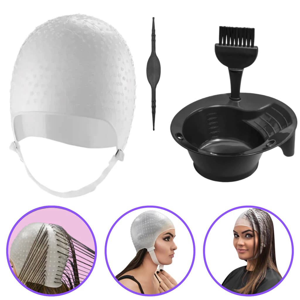 Kit Profissional para Luzes e Reflexos Touca de Silicone + Pincel + Tigela para Tintura