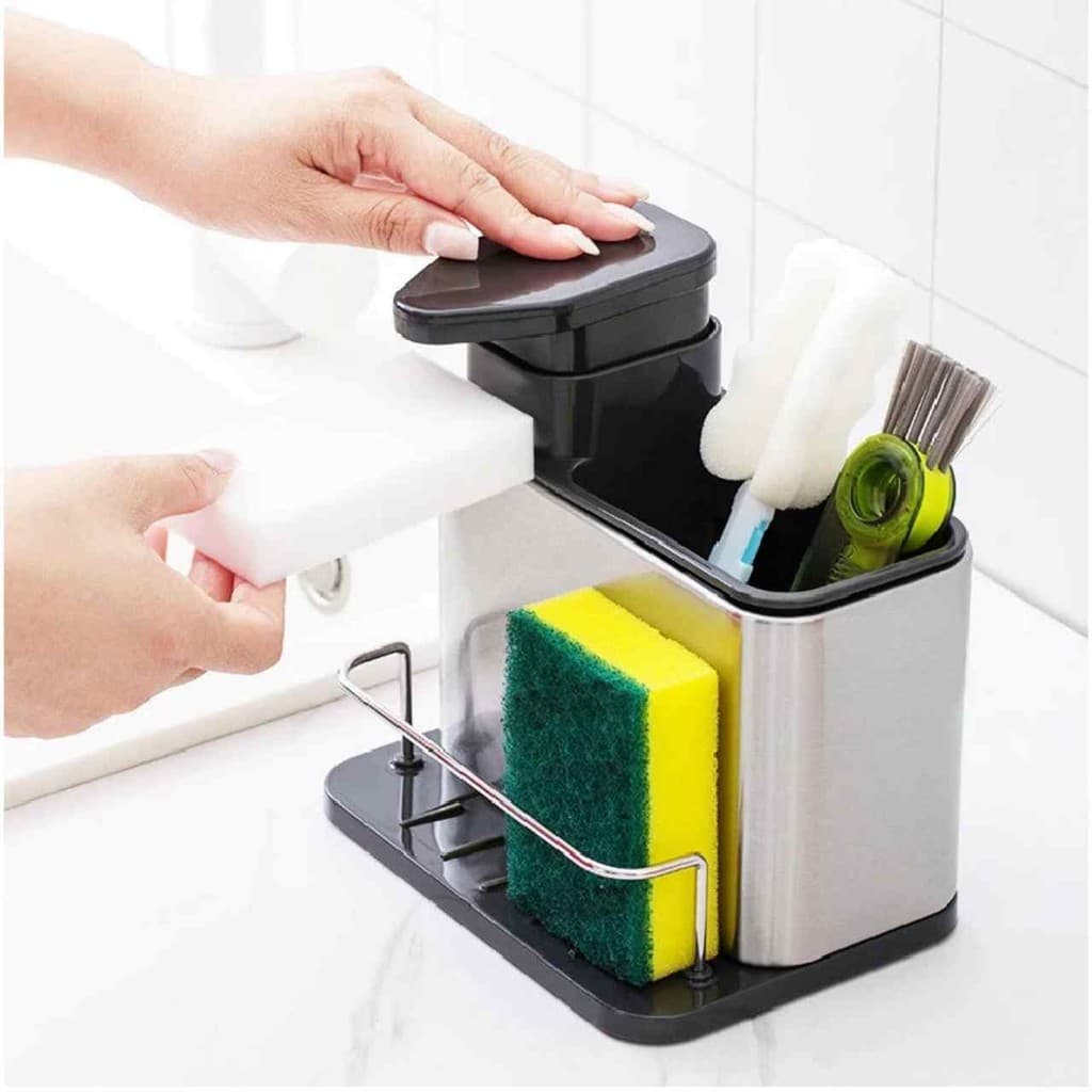 Dispenser Porta Detergente Esponja Bucha Sabão Líquido 3 Em 1 Inox Suporte Organizador Para Pia