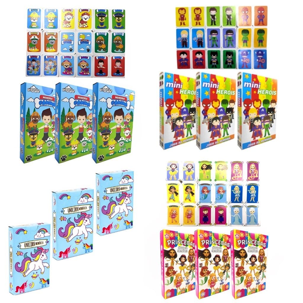 Kit Com 12 Lembrancinhas Para Festas Aniversário Jogo da Memoria Infantil - Diversos temas - Mini Heróis - Patrulha Canina - Unicórnio - Princesas