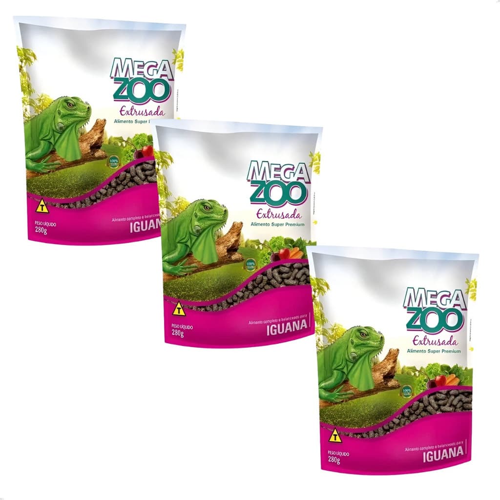 Kit 3 Ração Megazoo Iguanas 280g Super Premium Extrusada Para Répteis Alimento Completo