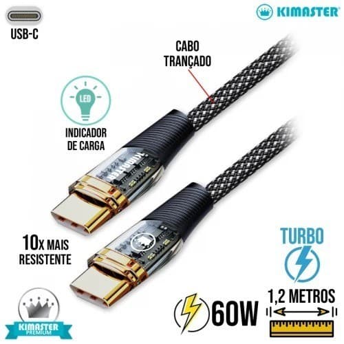 Cabo Tipo C para Tipo C , 1,2m Turbo 60W CB827C Kimaster - Preto