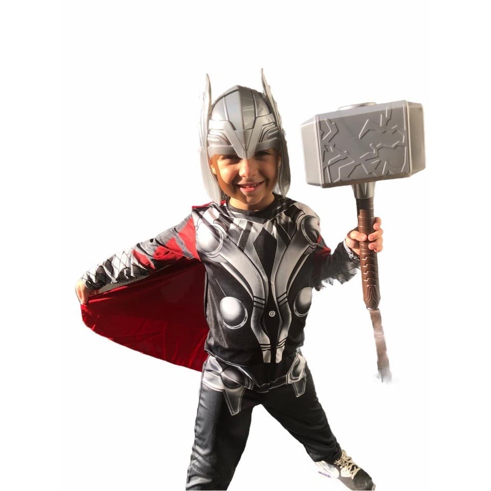 Fantasia Do Thor Longa Com Enchimento Mascara e Martelo Roupa Infantil