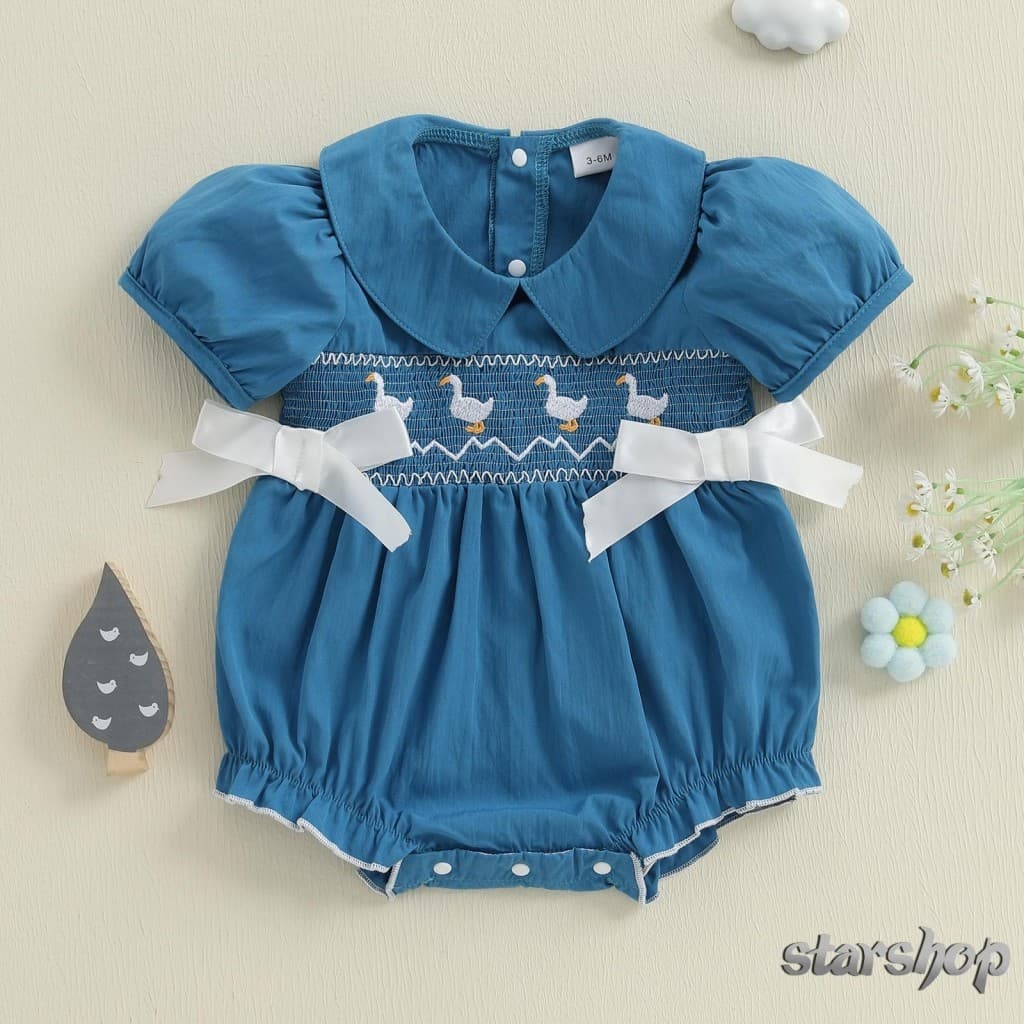 Starshop-Macacão De Bebê Menina Para O Verão , Ajuste Solto , Bordado De Pato , Design De Laço , Gola De Boneca , Manga
