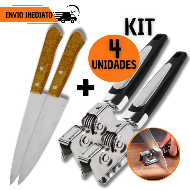 Jogo Facas Madeira 6" + Amolador Afiador Profissional Casa Cozinha Restaurante Chef Açougue