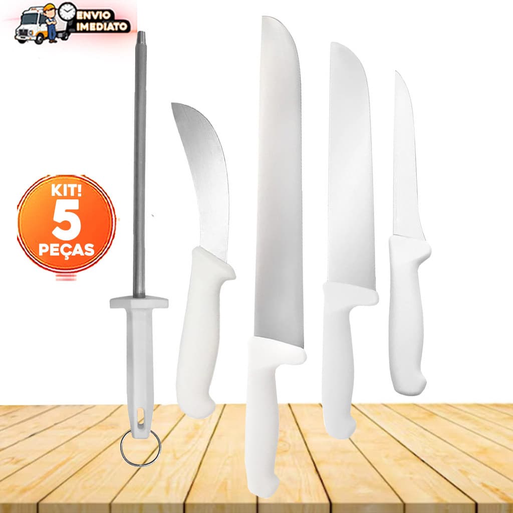 Jogo de Faca Açougue Profissional 5 pçs Faca de Carne Desossa Tira Couro Chaira Churrascaria