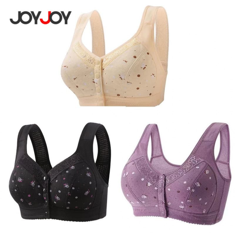 Joyjoy 1/3pc Roupa Íntima Feminina Plus Size – Sutiã Sem Fio em Algodão com Renda, Botões Frontais e Estampa Delicada