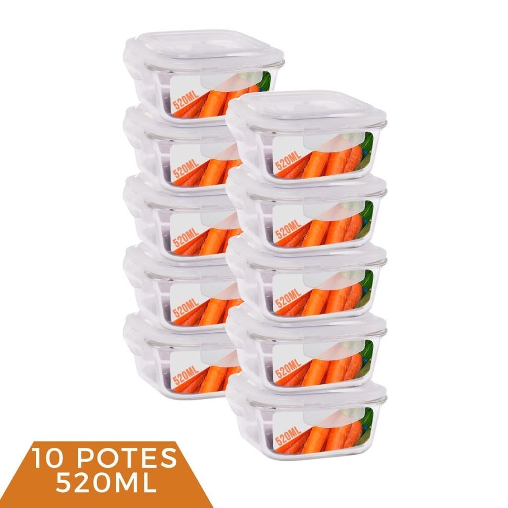 Potes 520ml Vidro Marmita Fitness Tampa 4 Trava Hermético