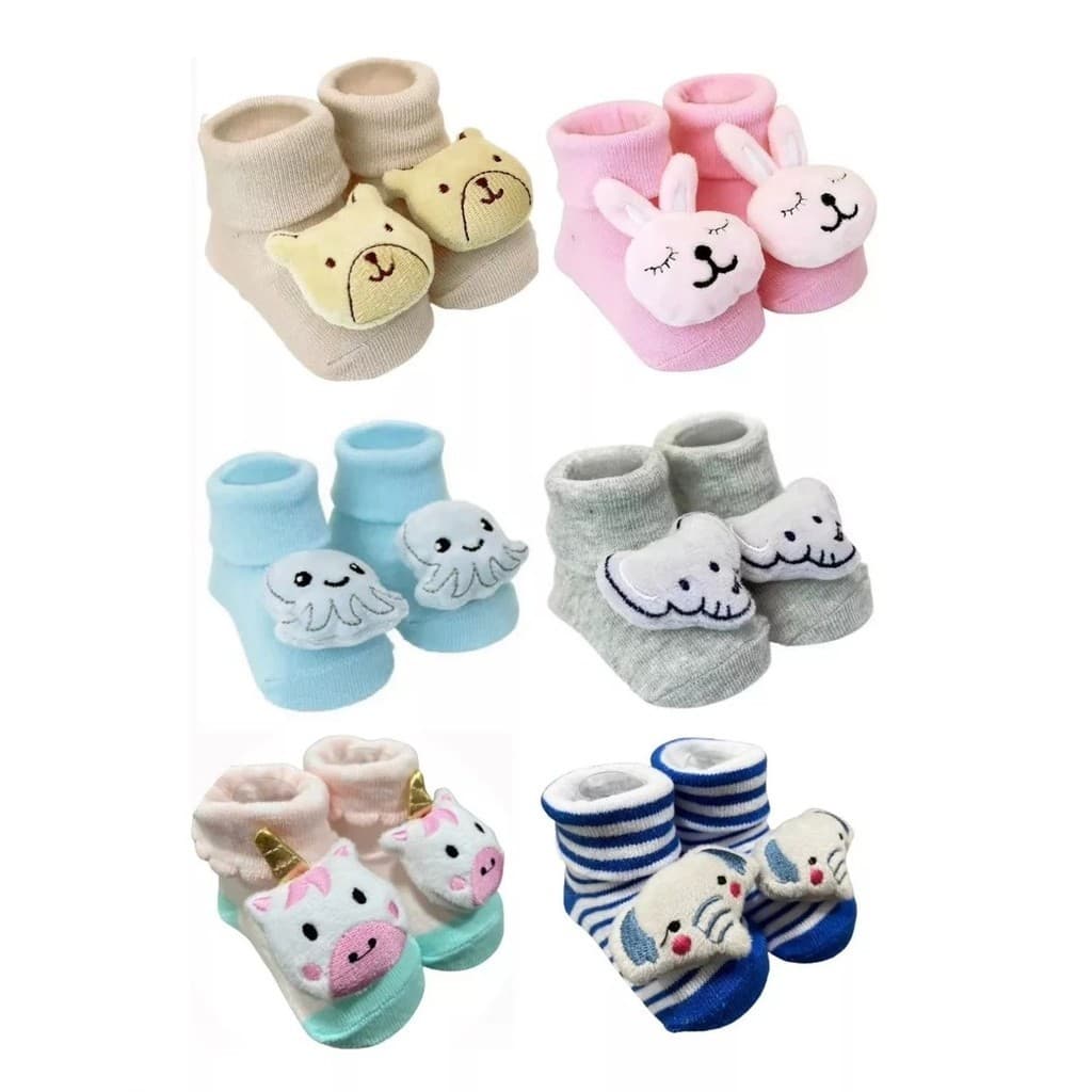 Par de Meia Antiderrapante Pantufa Bebê Bichinhos Chocalho Recém-Nascido