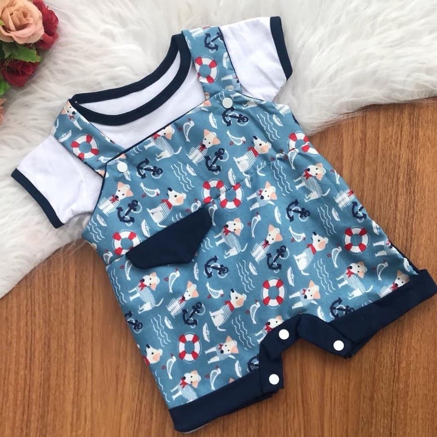 Macacão curto com camiseta para bebe menino macaquinho jardineira marinheiro