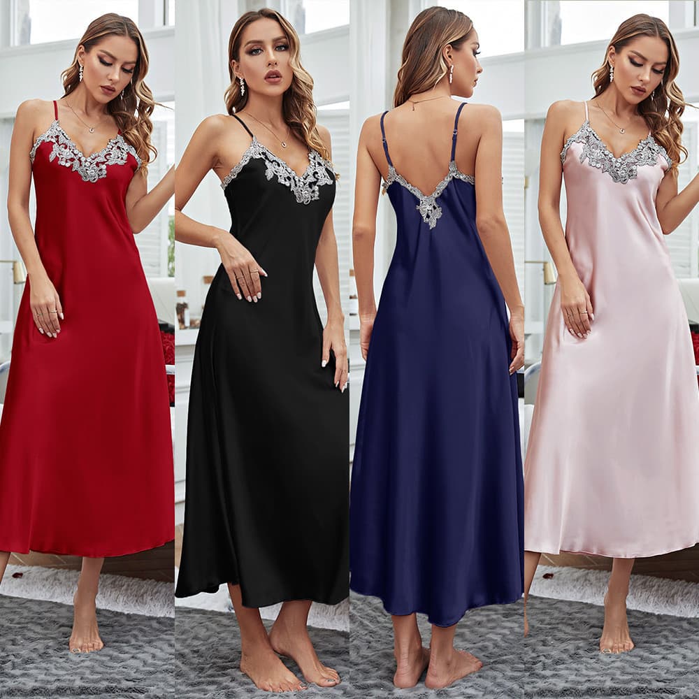 Camisola de dormir longa de verão para mulheres plus size, nova, em renda e seda gelada.