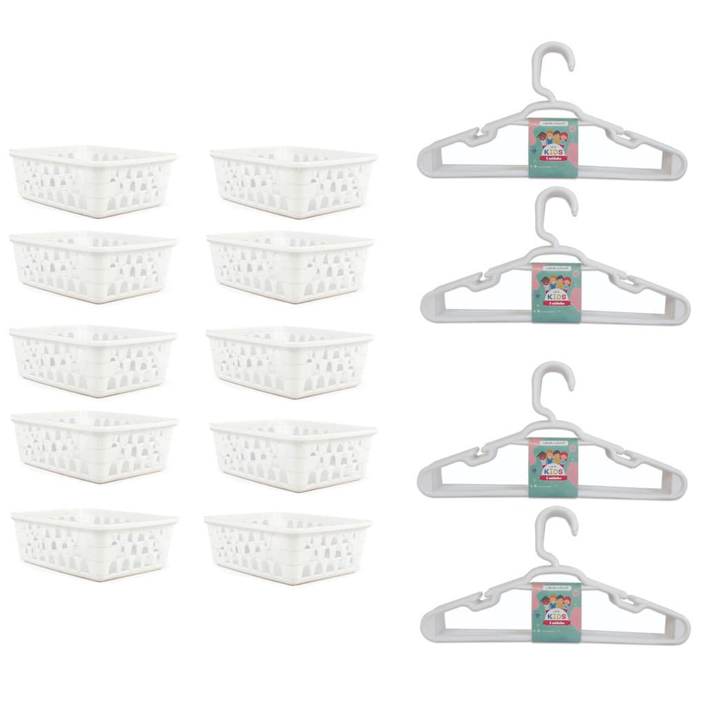 Kit 10 Cestos Organizadores de Armário Branco + 20 Cabides Reforçados Branco Infantil