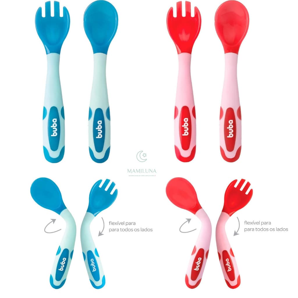 Kit Talheres Colher E Garfo Bebê Flexível E Termosensível Buba - 02 itens BPA Free Azul / Rosa