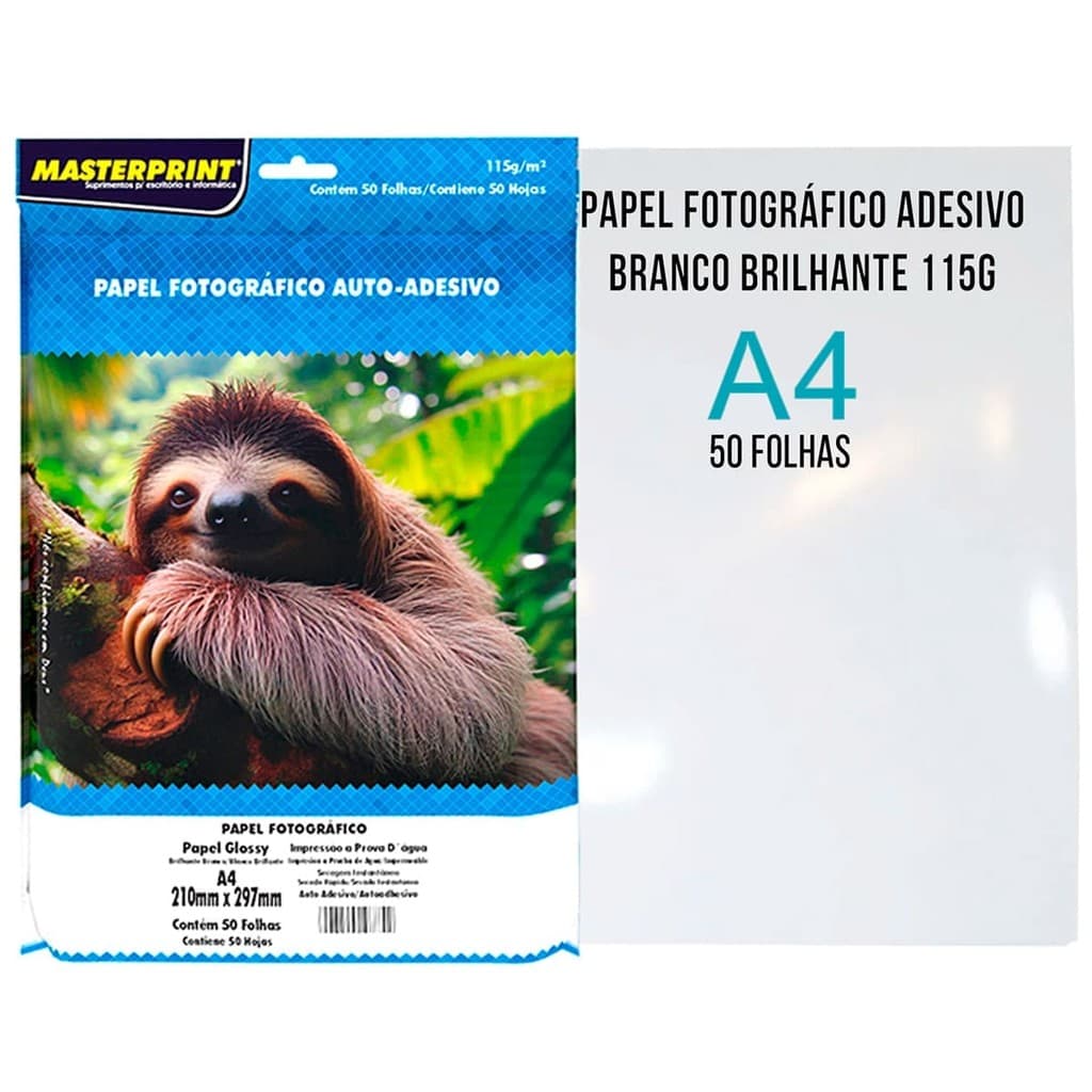 Papel Fotográfico Adesivo A4 115g Masterprint Glossy Branco Brilhante 50 folhas