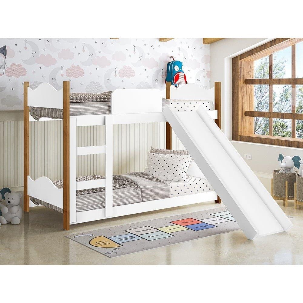 Beliche Infantil Encanto Branco Grenat com Escorregador e Colchões - Gabrielli Móveis