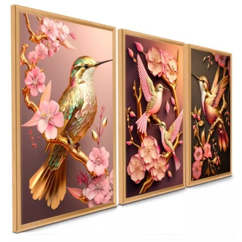 Quadros De Beija Flor Flores De Cerejeira Dourado Rosa Sala