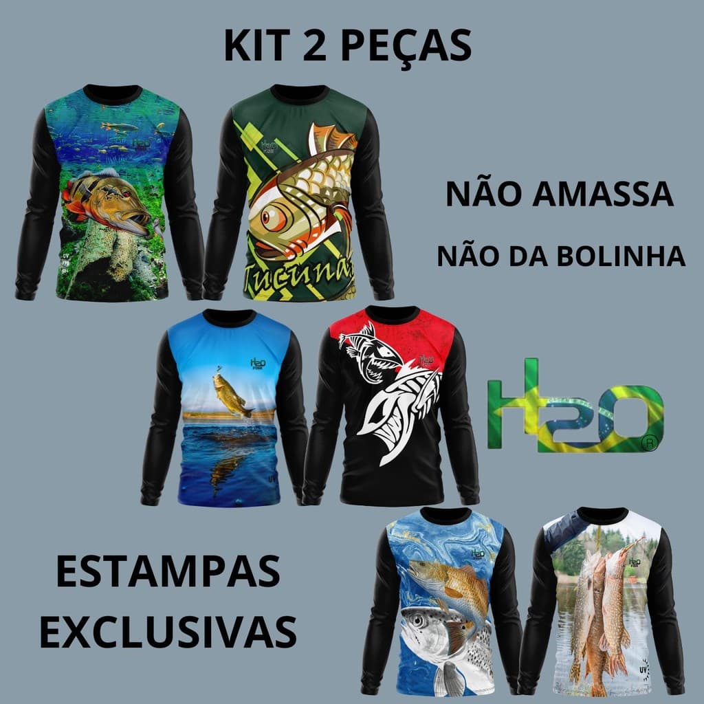 KIT 2 Camisa Camiseta Masculina e Feminina Uv Proteção Solar Estampa Peixe Pescaria