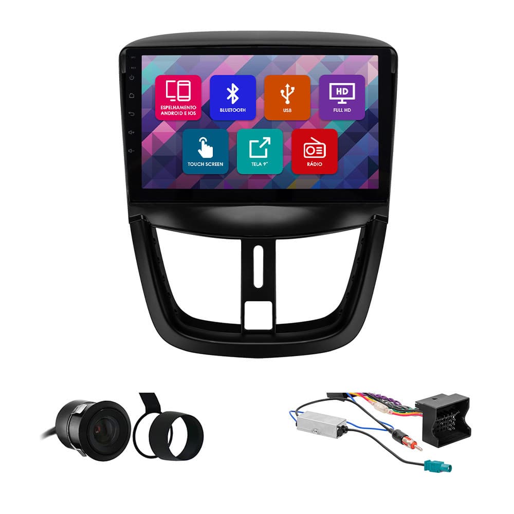 Kit Multimídia 9 Pol Peugeot 207 2006 2007 2008 2009 2010 2011 2012 Espelhamento Android Ios 2 Din Preto Camera Ré