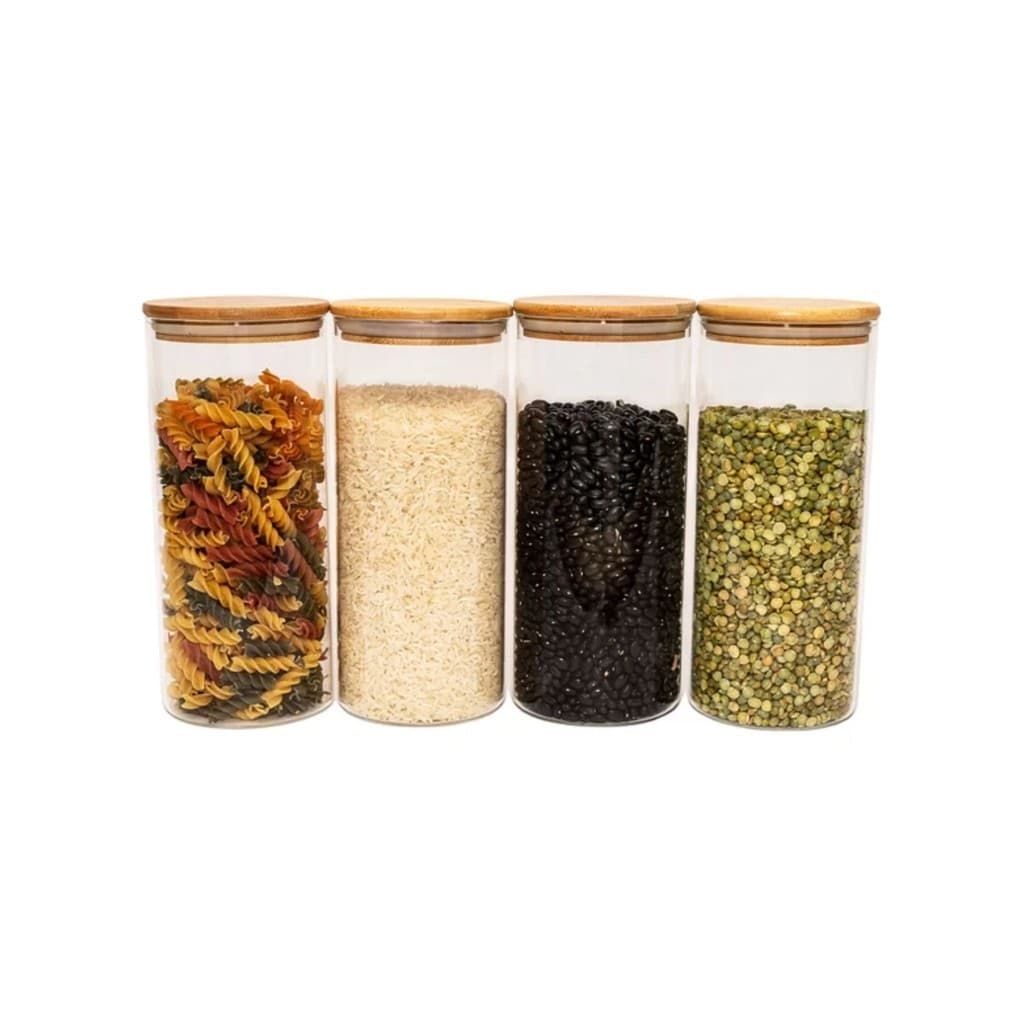 Kit 4 Pote Porta Condimentos Mantimentos Design Sofisticado Tampa De Bambu Hermético 1250ml