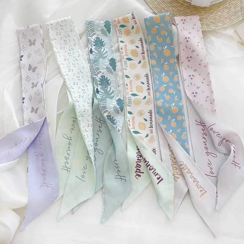 Lenço de seda com letras em ambos os lados, moderno e elegante, para mulheres, lenço de pescoço simples e versátil, fita