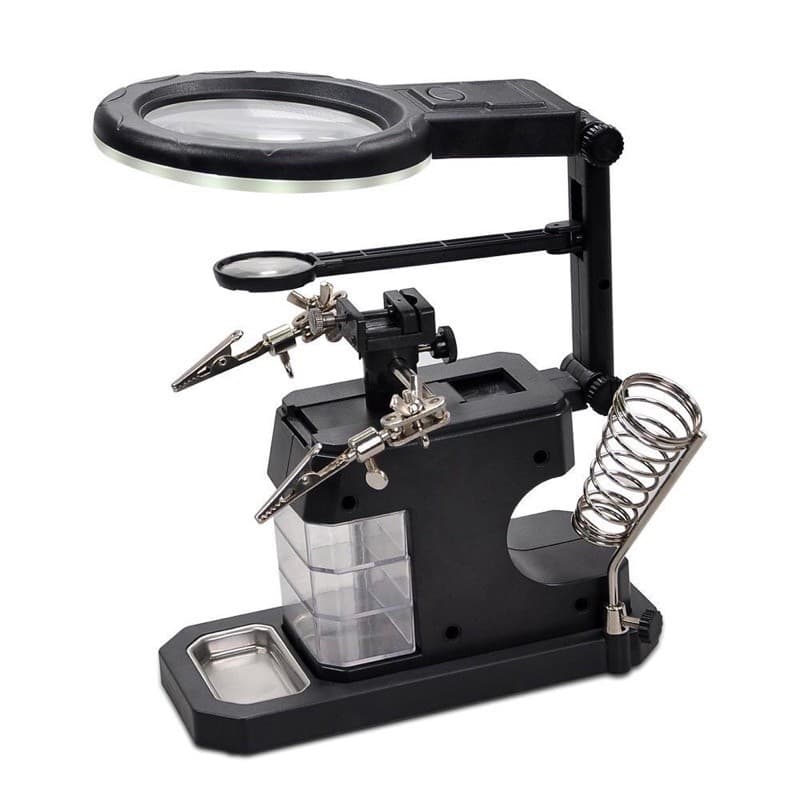 Suporte Ferro de Solda com Grampos Auxiliares/Iluminação em LED/ Lupa de Aumento 2.5D 7.5D/ 3 gavetas