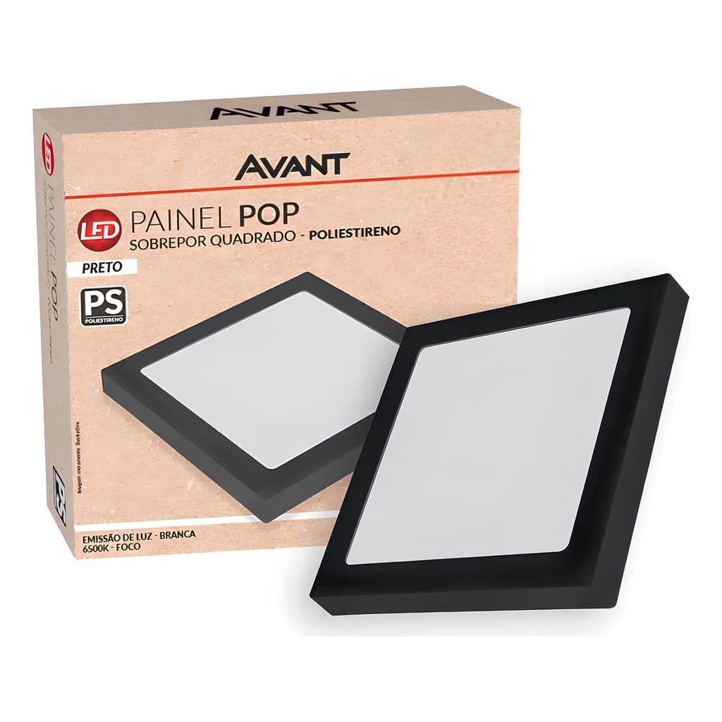 Painel Led Preto Sobrepor Quadrado 18w Frio 6500k Avant
