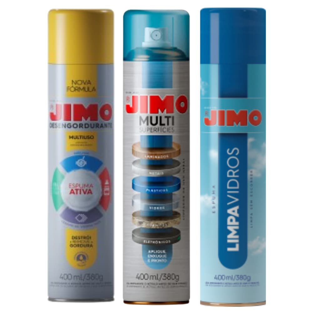 Kit Jimo Limpeza Perfeita - Desengordurante, Limpa Vidros e Multisuperfícies 3x400ml