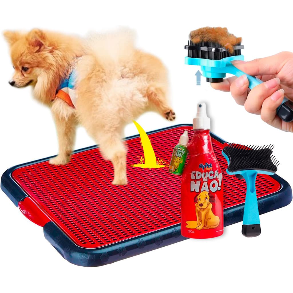 Kit Tapete Higiênico Lavável Pets + Educador Pet Xixi Sim Pode Xixi Não Pode + Escova Tira Pelos Pets