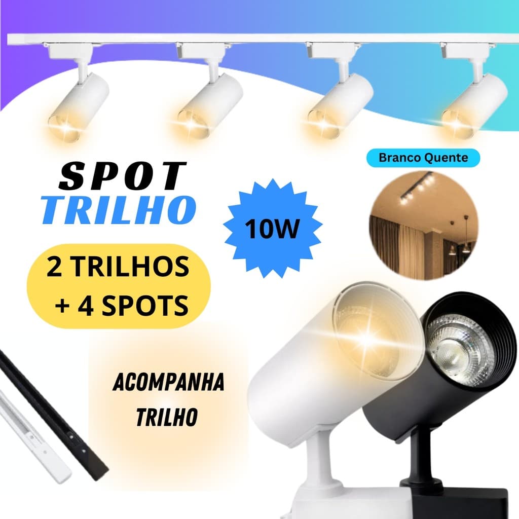 Kit Trilho Eletrificado 10W SPOT BRANCO e LED Branco QUENTE com 2 Trilhos/ 4 Spots COZINHA LOJA SALA