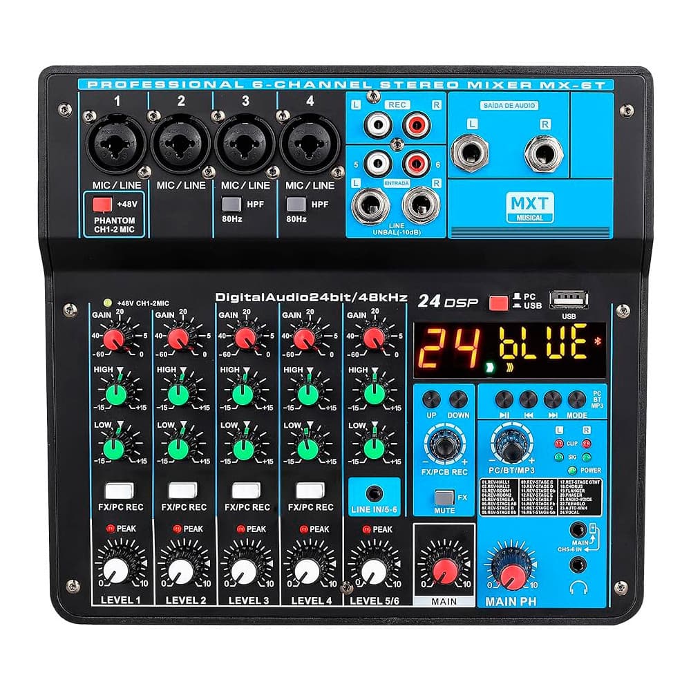 MESA DE SOM INTERFACE 6 CANAIS MXT MX-6T USB 24 EFEITOS